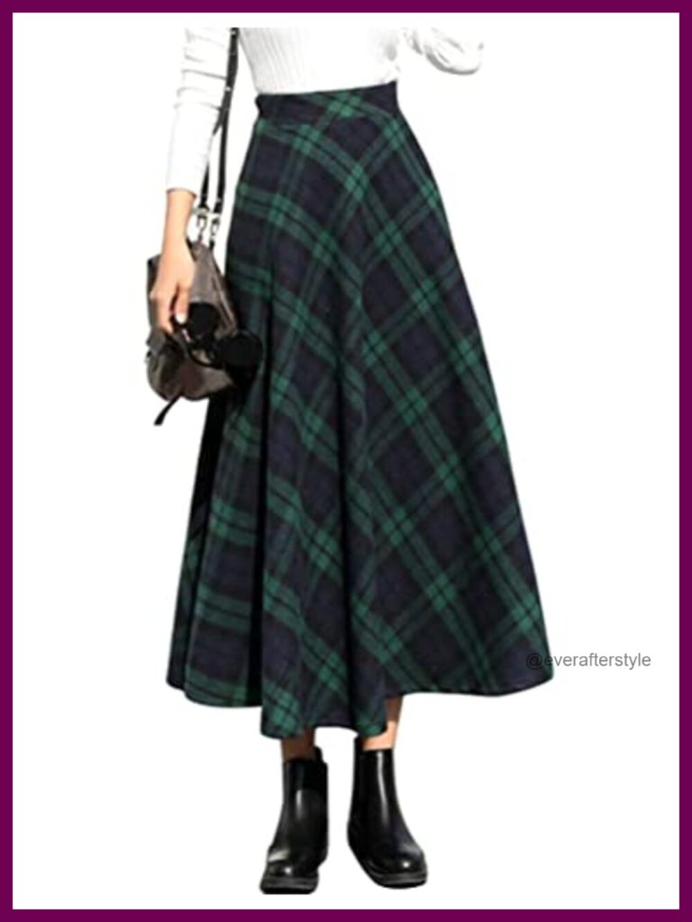 Womens Wool Plaid A-Line Pleated Maxi Skirt Elastic Waist